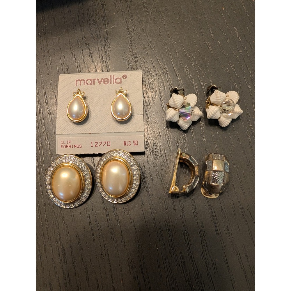VTG Clip On Earrings Bundle 4 Pairs Marvella Pearl Rhinestone Shell Retro Lot
